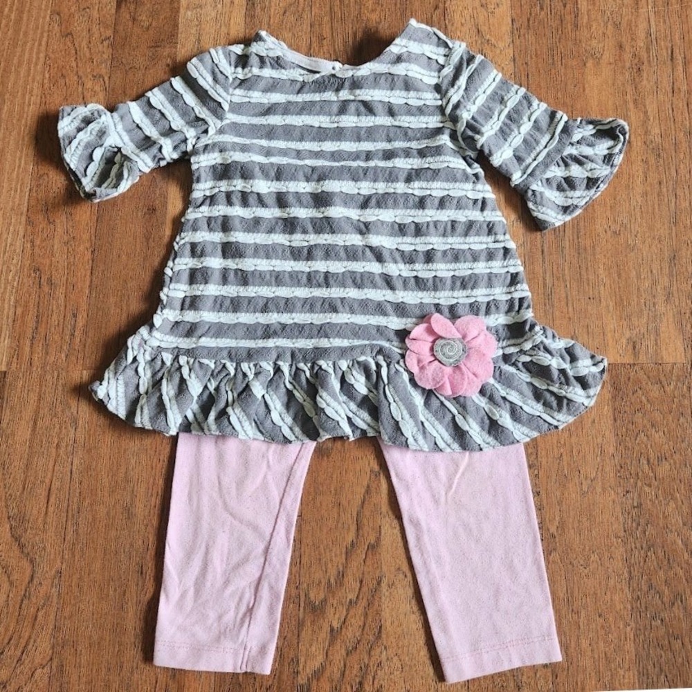 Rare Editions Toddler Girls Grey Striped Ruffle Tunic Pink Leggings Set 24M 500